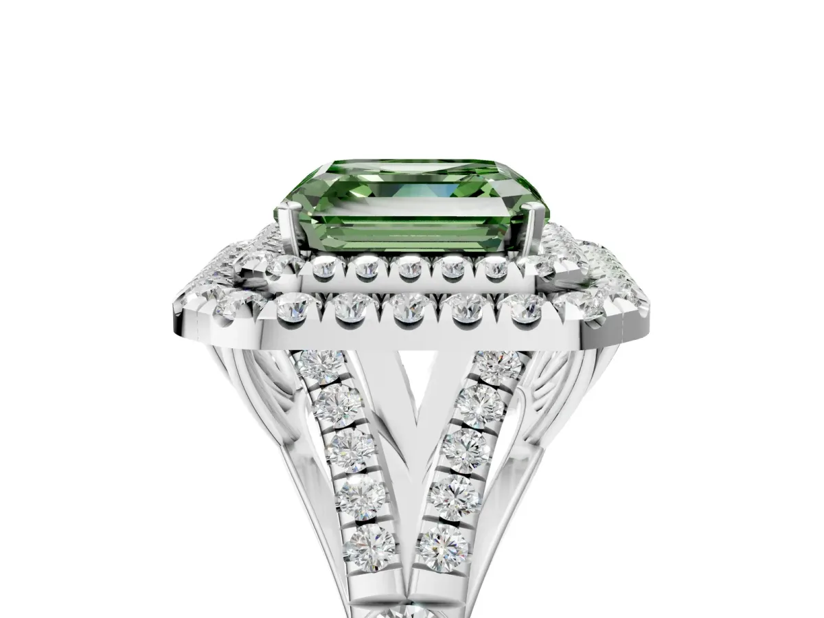 Fancy Green Asscher Cut Cut Double Halo Split Shank Diamond Ring with Prong Setting Platinum