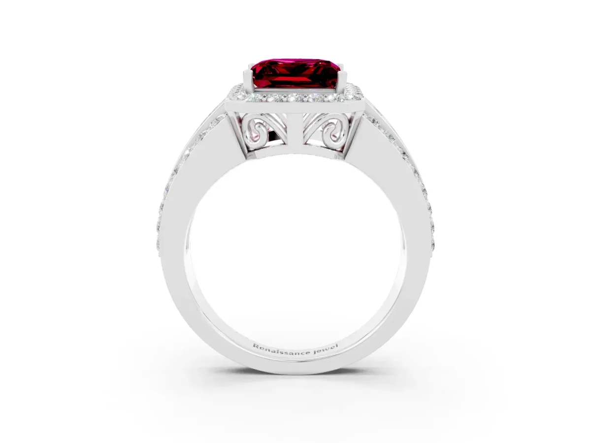 Princess Cut Halo Garnet Ring with Round Split Shank and Prong Setting White gold