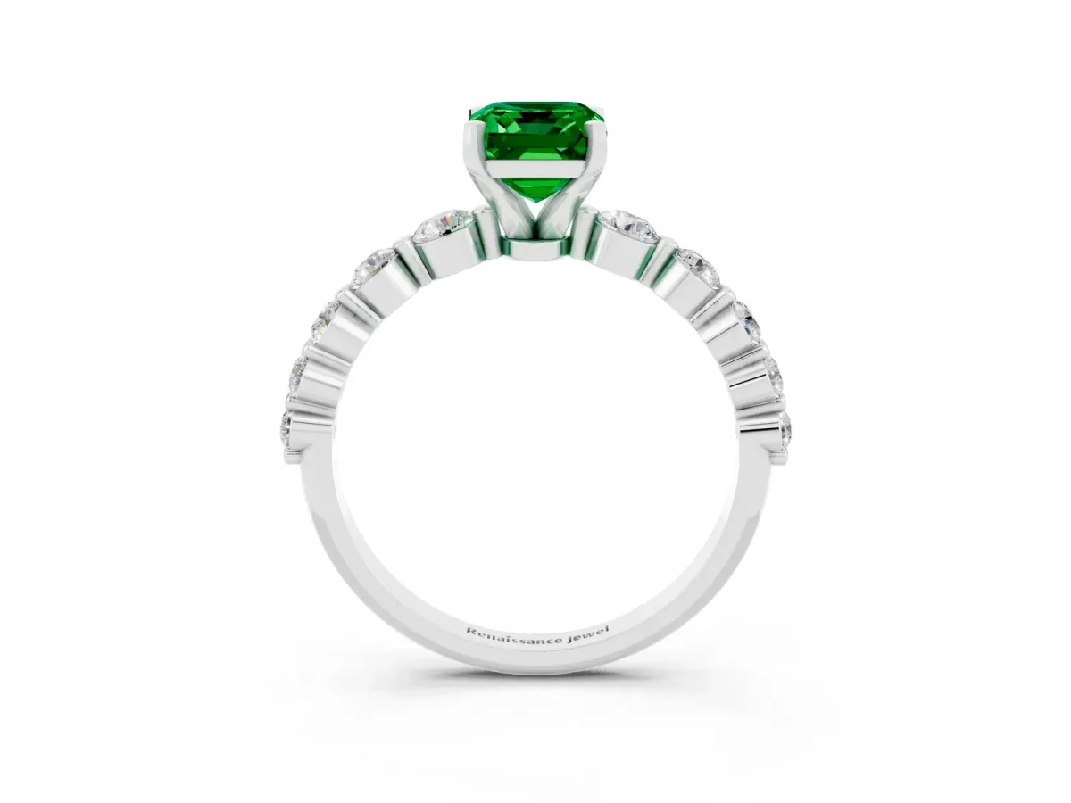 Emerald Cut Solitaire Emerald Ring with Pave Band and Four-Prong Setting White gold