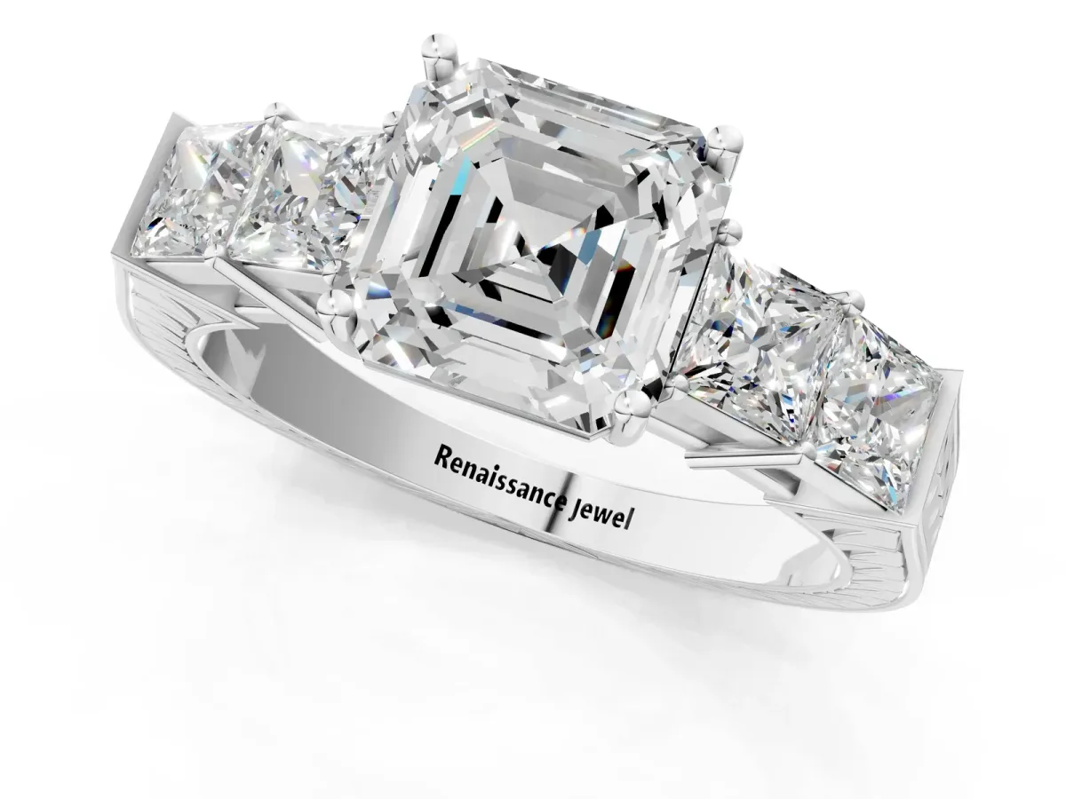 Round Cut Solitaire Princess Side Stone Engraved Band Prong Setting Ring White gold