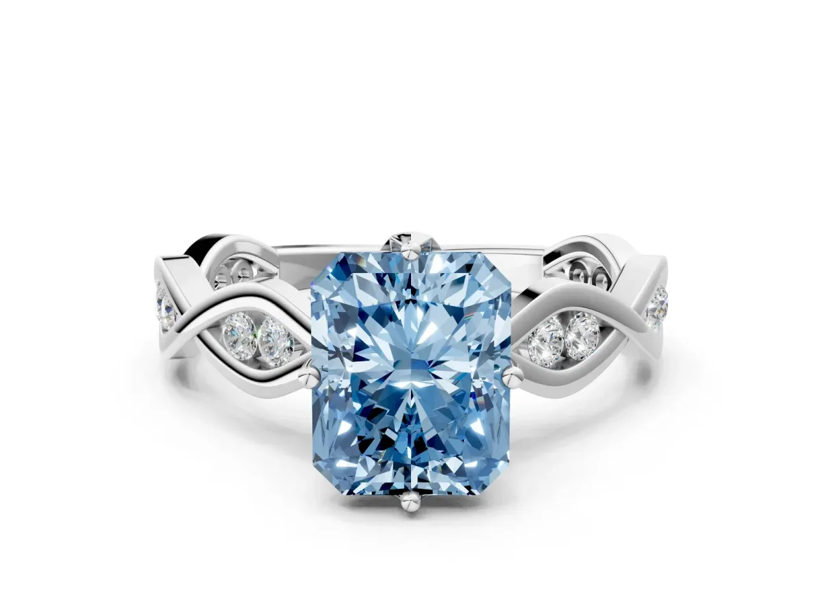 Fancy Blue Radiant Cut Solitaire Twist Band with Leaf Prong Setting Platinum