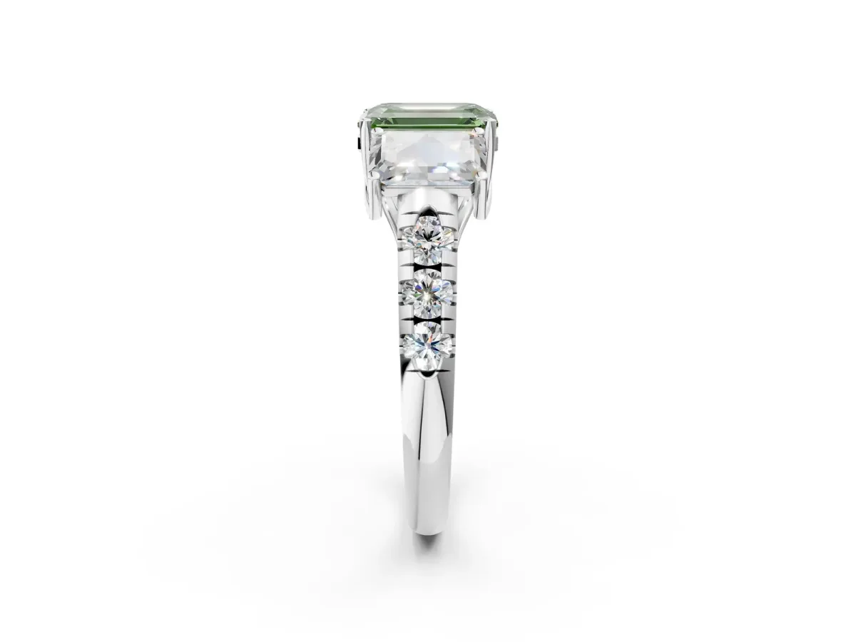 Fancy Green Three-Stone Emerald Cut Diamond Pavé Band with Prong Setting Platinum