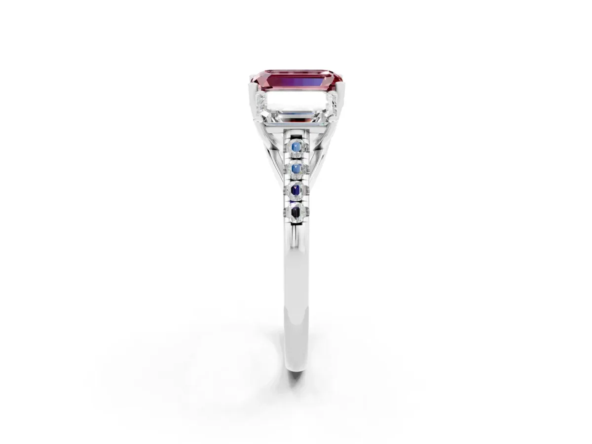 Three-Stone Emerald Cut Morganite Ring with Round Pavé Band and Prong Setting Silver
