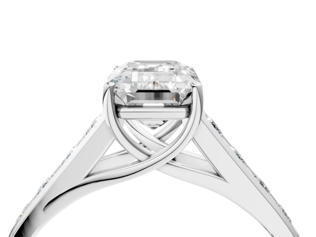 Emerald Cut Brilliant Channel-Set Solitaire Ring with Four-Prong Setting White gold