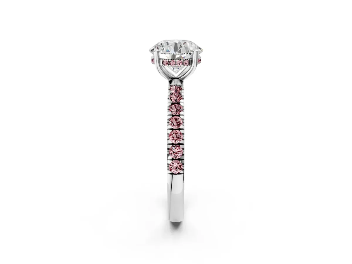 Round Cut Diamond Pave Band Solitaire Ring with Round Morganite and Prong Setting Silver