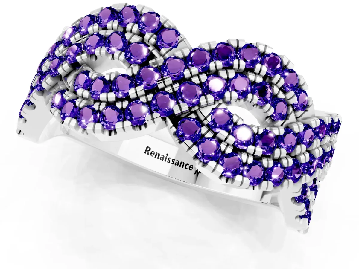 Pavé Round Tanzanite Infinity Twist Band with Shared Prong Setting White gold