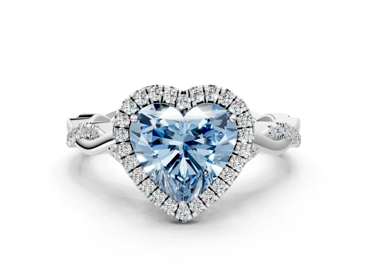 Fancy Blue Heart Cut Halo Twist Band Solitaire Ring Platinum