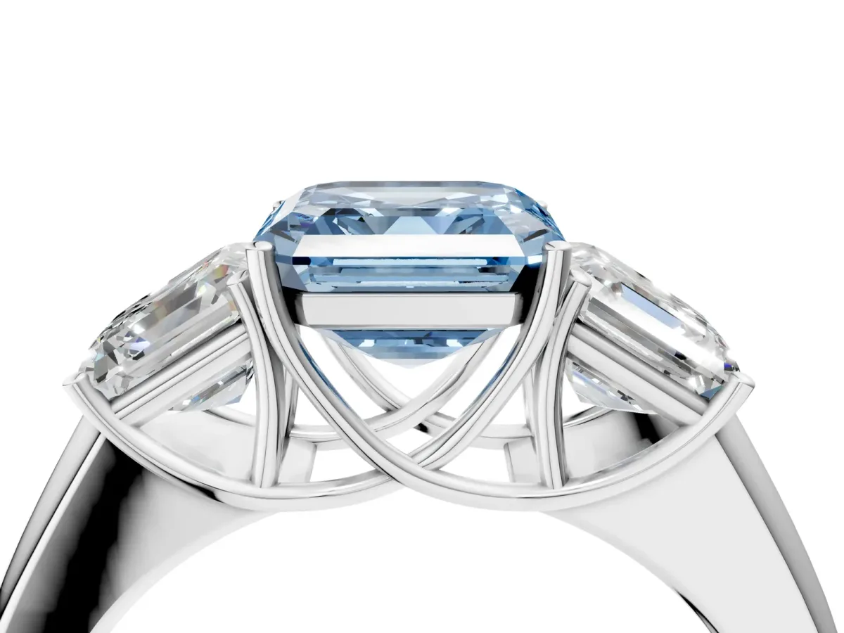 Fancy Blue Three-Stone Asscher Cut Cut Diamond Ring with Prong Setting and Classic Band Platinum