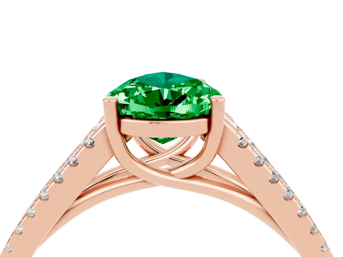 Pear Cut Emerald Solitaire Engagement Ring with Split Shank Pavé Band Rose gold