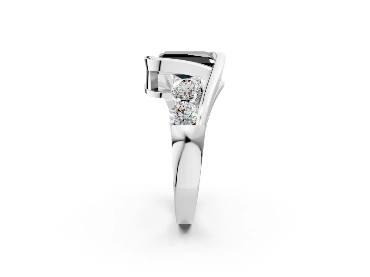 Fancy Black Bezel Set Radiant Cut Diamond Bypass Ring with Round Accents Platinum