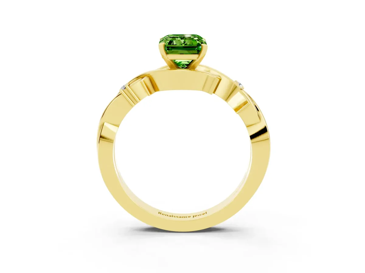 Emerald Cut Peridot Solitaire Ring with Twisted Band and Prong Setting Yellow gold