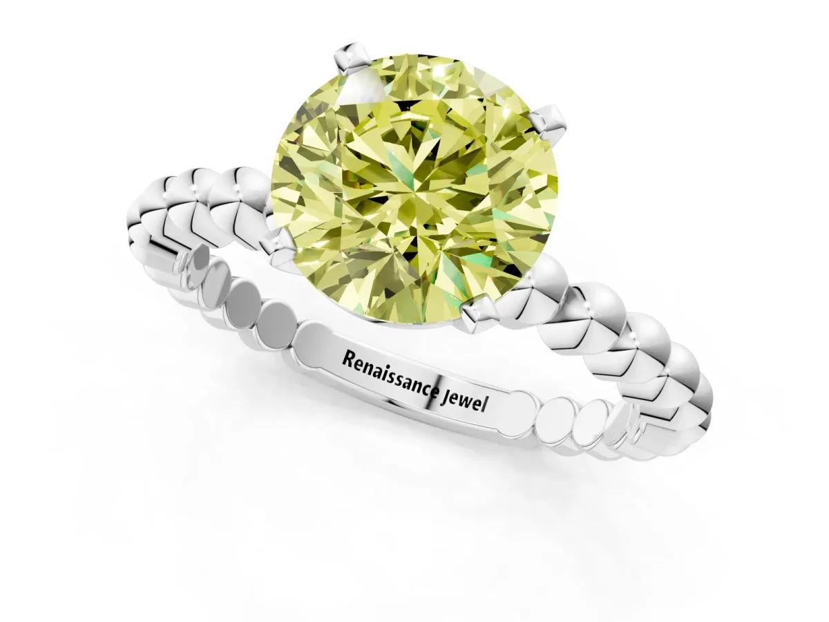 Fancy Yellow Round Cut Diamond Solitaire Ring with Beaded Band and Prong Setting Silver