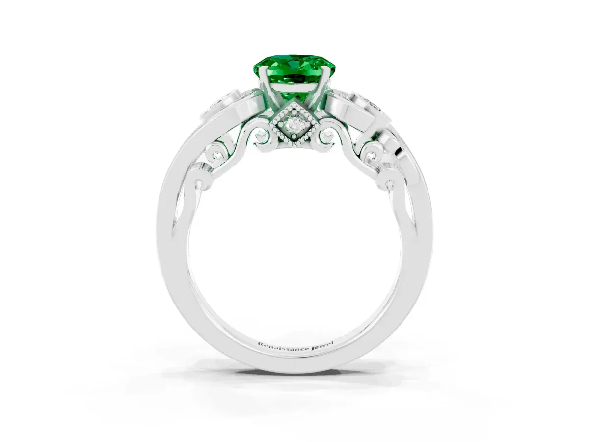 Oval Cut Emerald Solitaire Ring with Milgrain Pavé Band and Four-Prong Setting Platinum