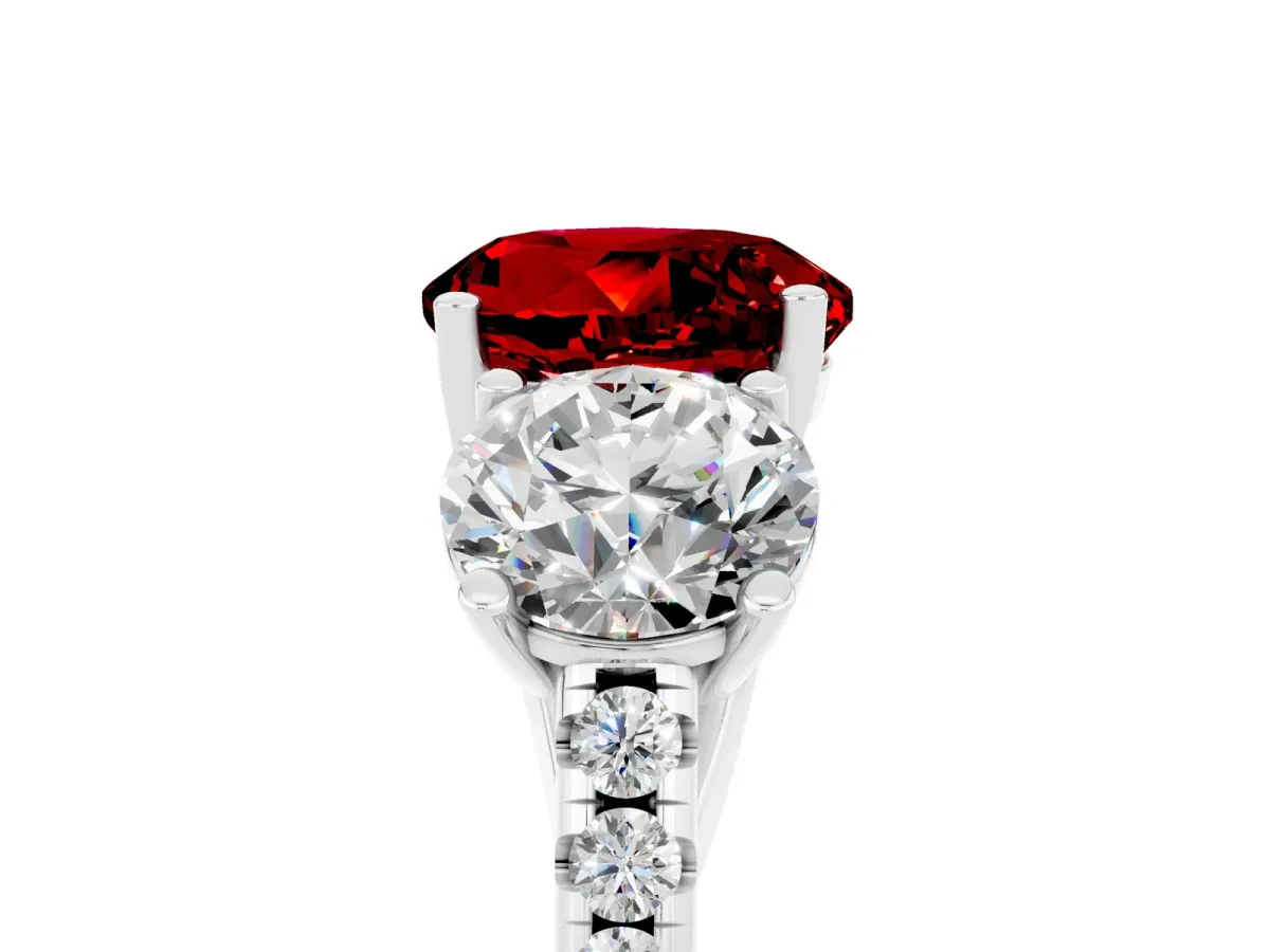 Three-Stone Round Cut Ruby Ring with Round Pavé Band and Prong Setting White gold
