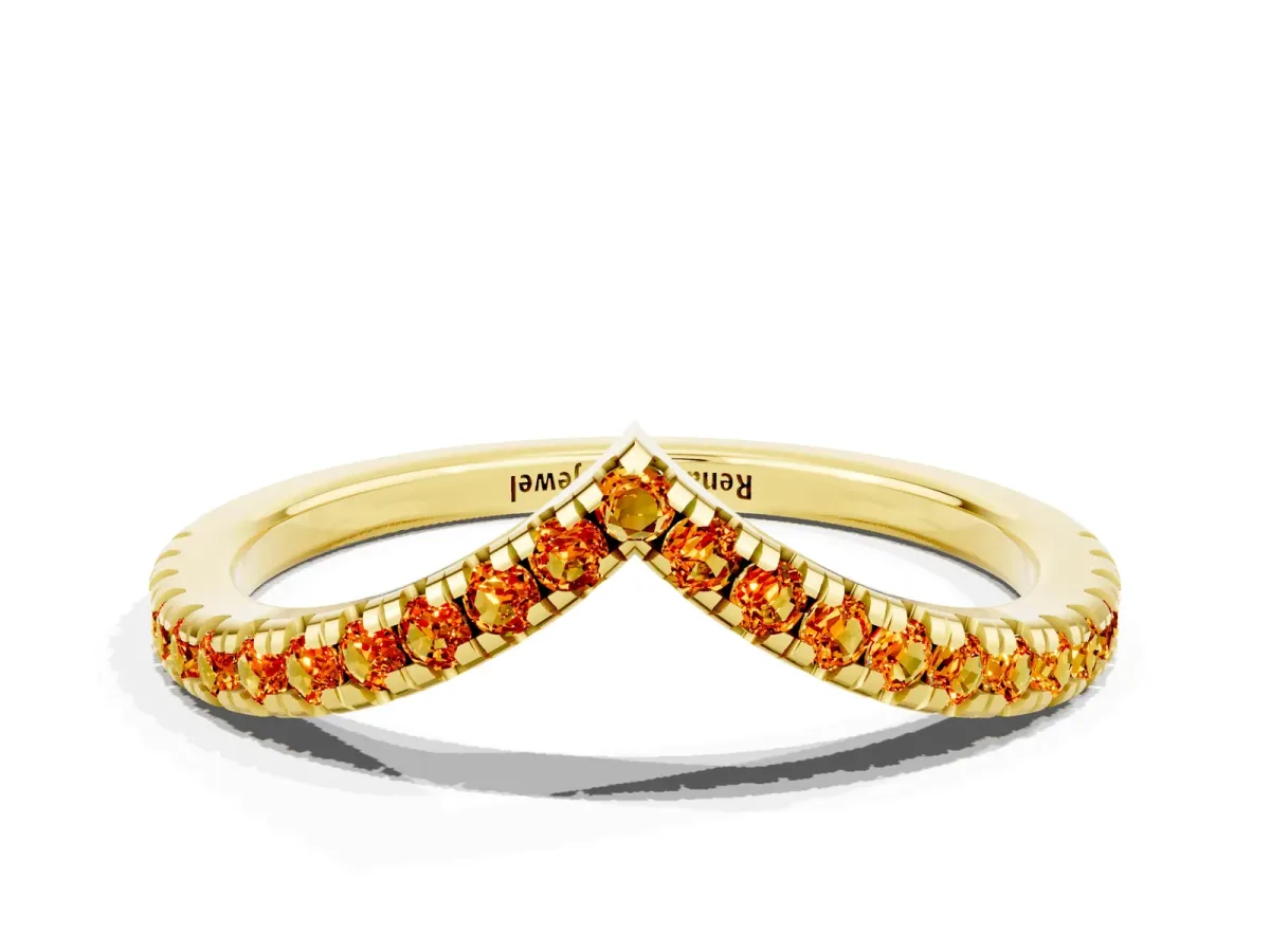 Pavé Round Citrine V-Shaped Chevron Band with Shared Prong Setting Yellow gold