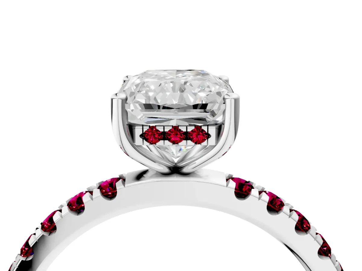 Radiant Cut Diamond Pave Band Solitaire Ring with Round Garnet and Prong Setting Silver