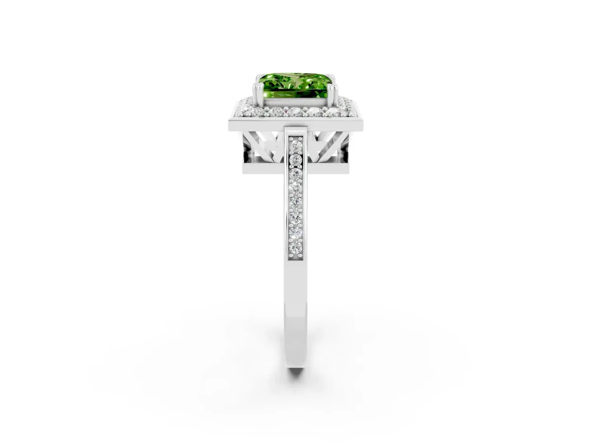 Princess Cut Peridot Halo Ring with Split Shank and Four-Prong Setting Platinum