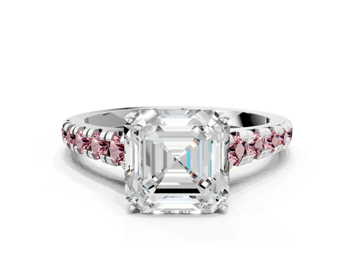 Asscher Cut Diamond Cathedral Solitaire Ring with Round Morganite Pavé Band Silver