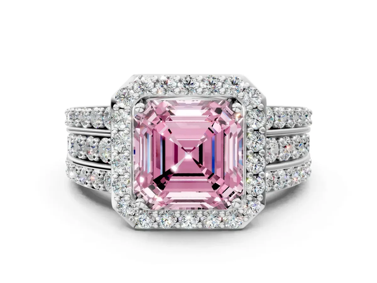 Fancy Pink Asscher Cut Halo Diamond Ring with Round Split Shank and Prong Setting Silver