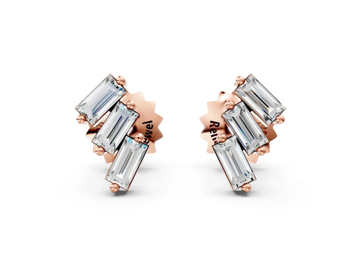 Baguette Diamond Three-Stone Stud Earrings Rose gold