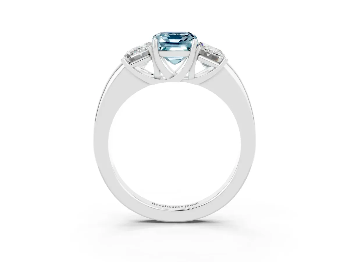 Emerald Cut Aquamarine Three-Stone Ring with Four-Prong Setting and Classic Band Silver