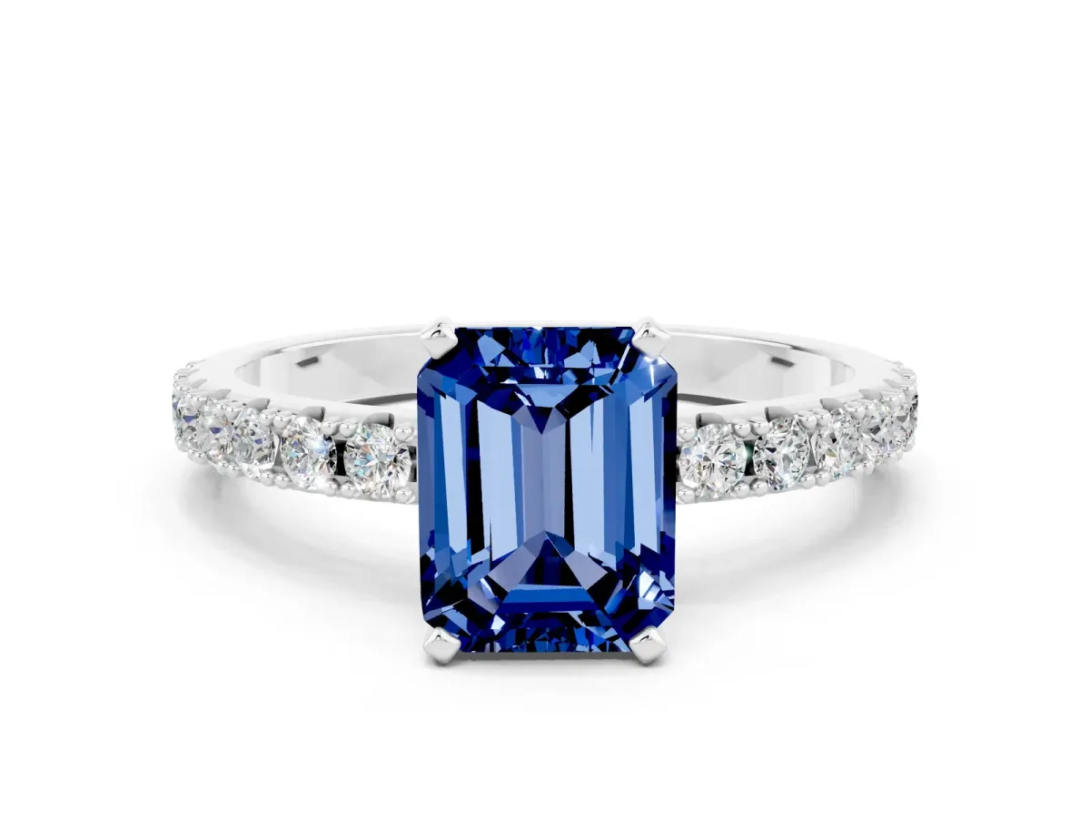 Emerald Cut Blue Sapphire Solitaire Pavé Band with Four-Prong Setting Silver