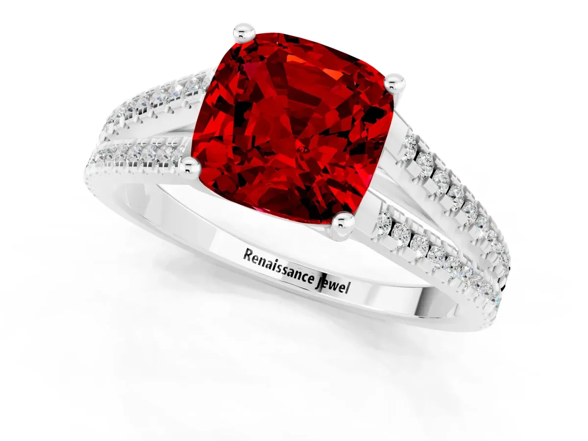 Cushion Cut Ruby Solitaire Engagement Ring with Split Shank Pavé Band Silver