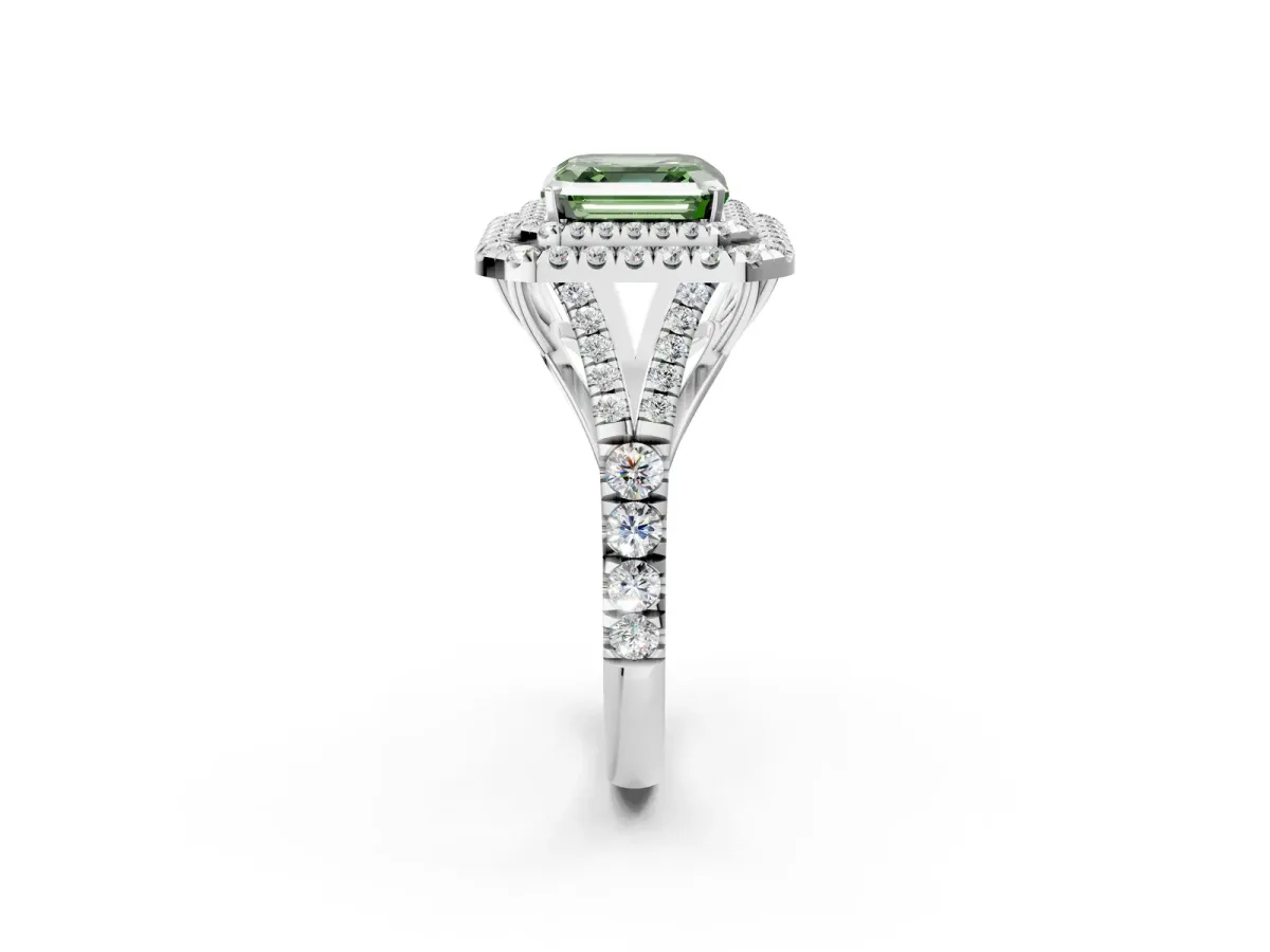 Fancy Green Asscher Cut Cut Double Halo Split Shank Diamond Ring with Prong Setting Platinum