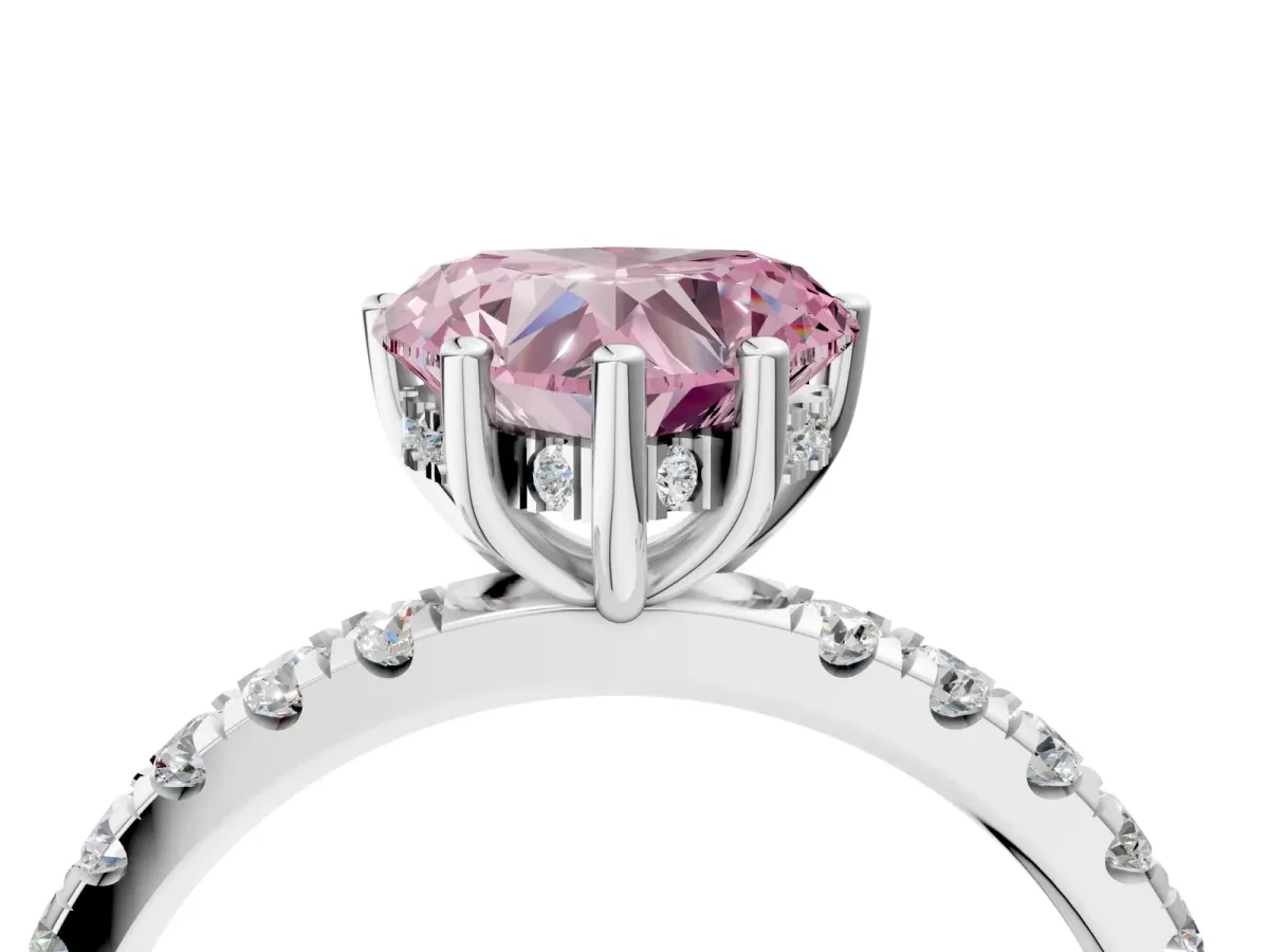 Fancy Pink Heart Cut Diamond Pave Band Solitaire Ring with Round and Prong Setting Silver
