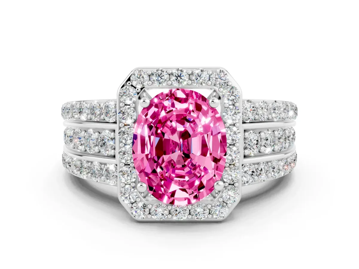 Oval Cut Halo Pink Sapphire Ring with Round Split Shank and Prong Setting Platinum