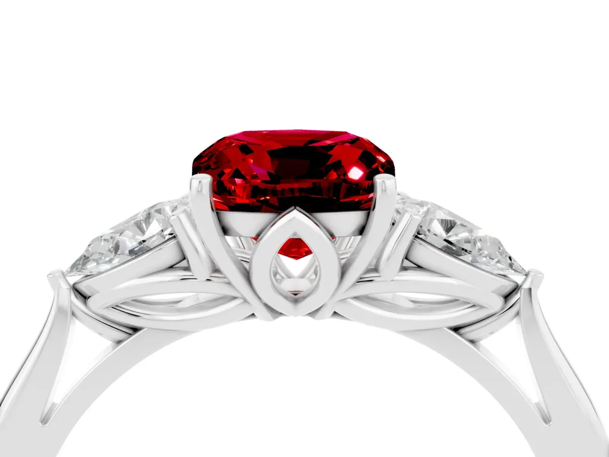 Three-Stone Cushion Cut Ruby Ring with Pear Side Stones in Four-Prong Setting White gold