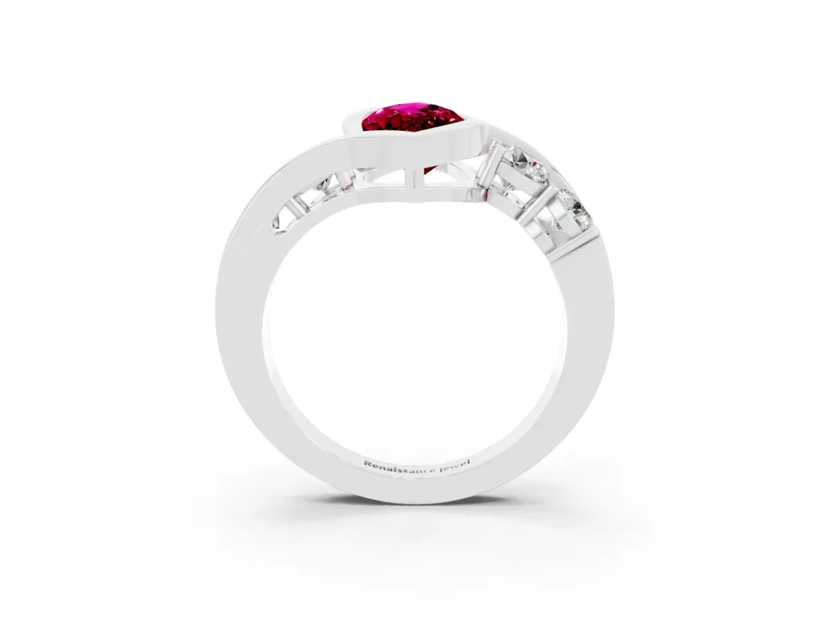 Bezel Set Marquise Cut Garnet Bypass Ring with Round Accents Platinum