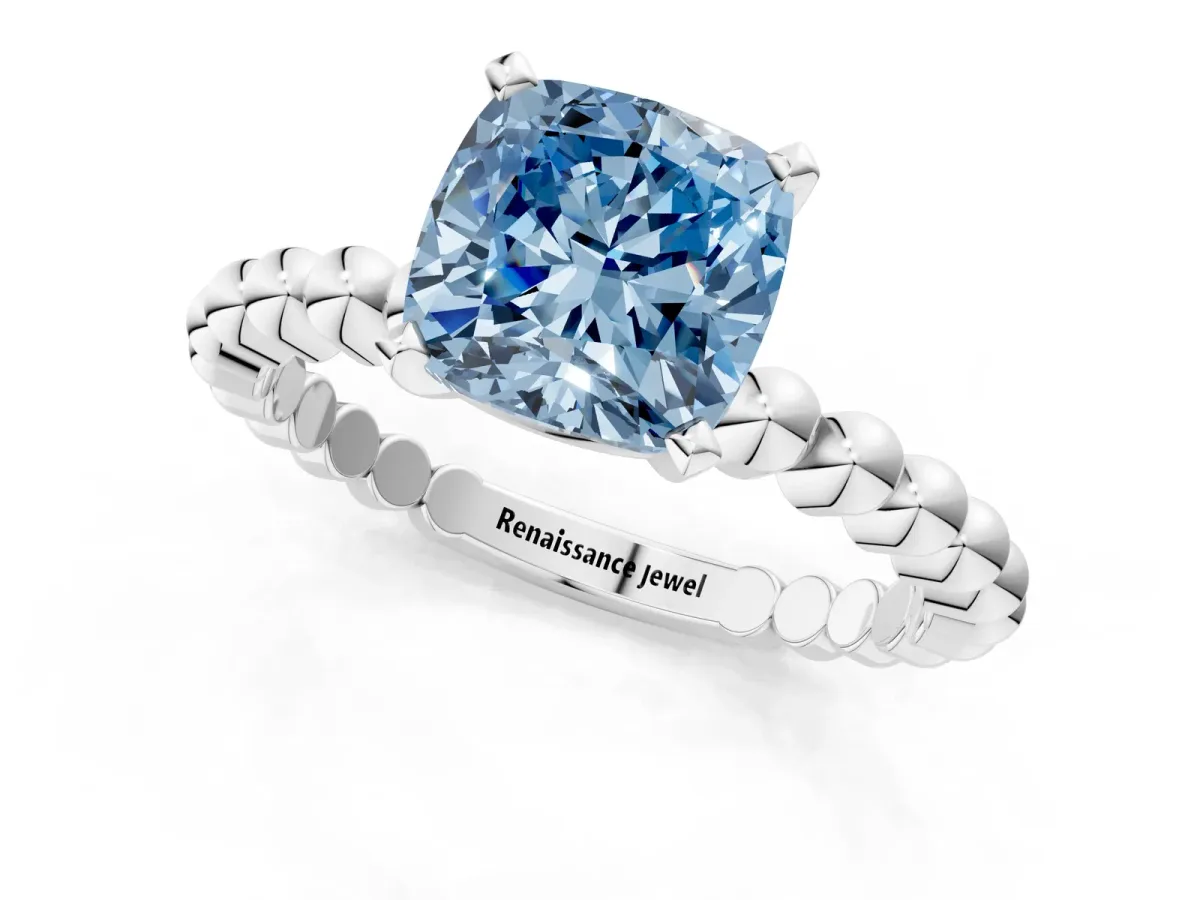 Fancy Blue Cushion Cut Diamond Solitaire Ring with Beaded Band and Prong Setting Silver