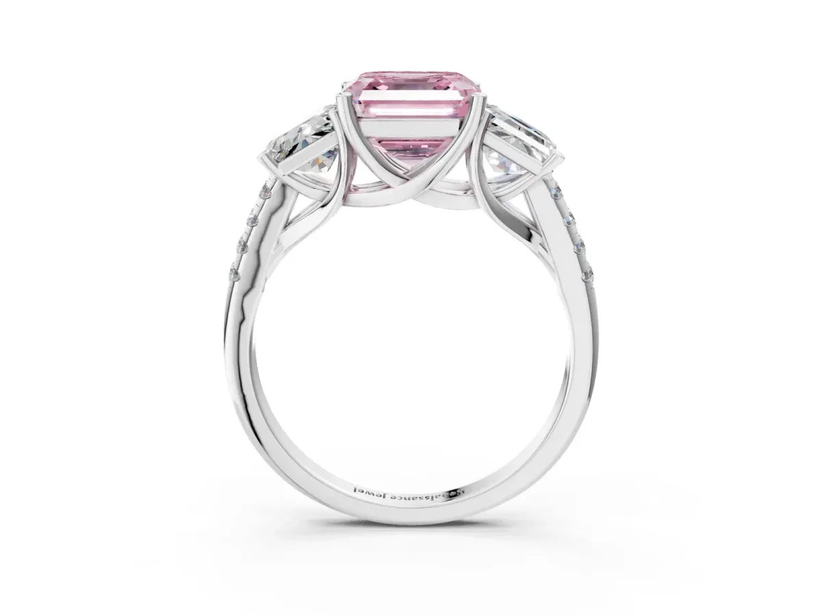 Fancy Pink Three-Stone Asscher Cut Diamond Ring with Round Pavé Band and Prong Setting Silver