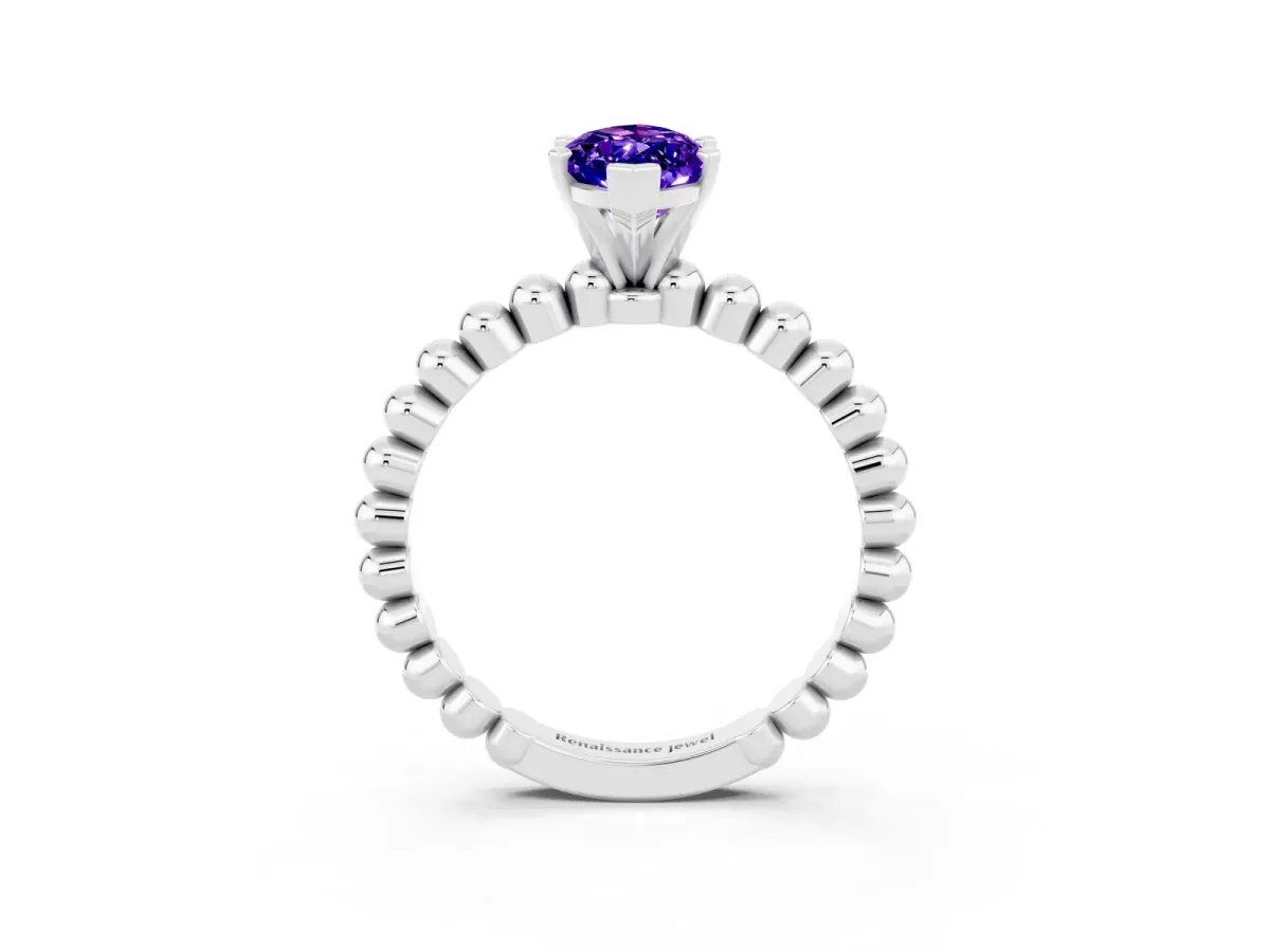 Marquise Cut Tanzanite Solitaire Ring with Beaded Band and Prong Setting Silver