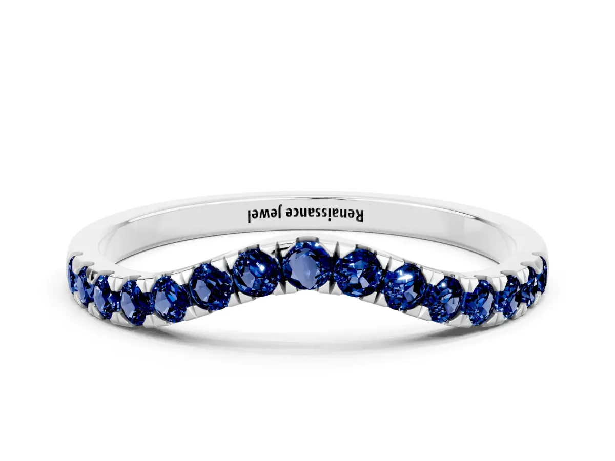 Curved Pavé Round Blue Sapphire Wedding Band with Shared Prong Setting White gold