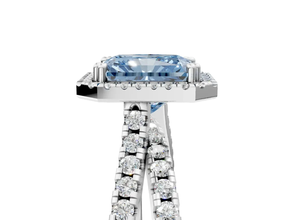 Fancy Blue Radiant Cut Halo Split Shank Diamond Ring with Pavé Setting Platinum