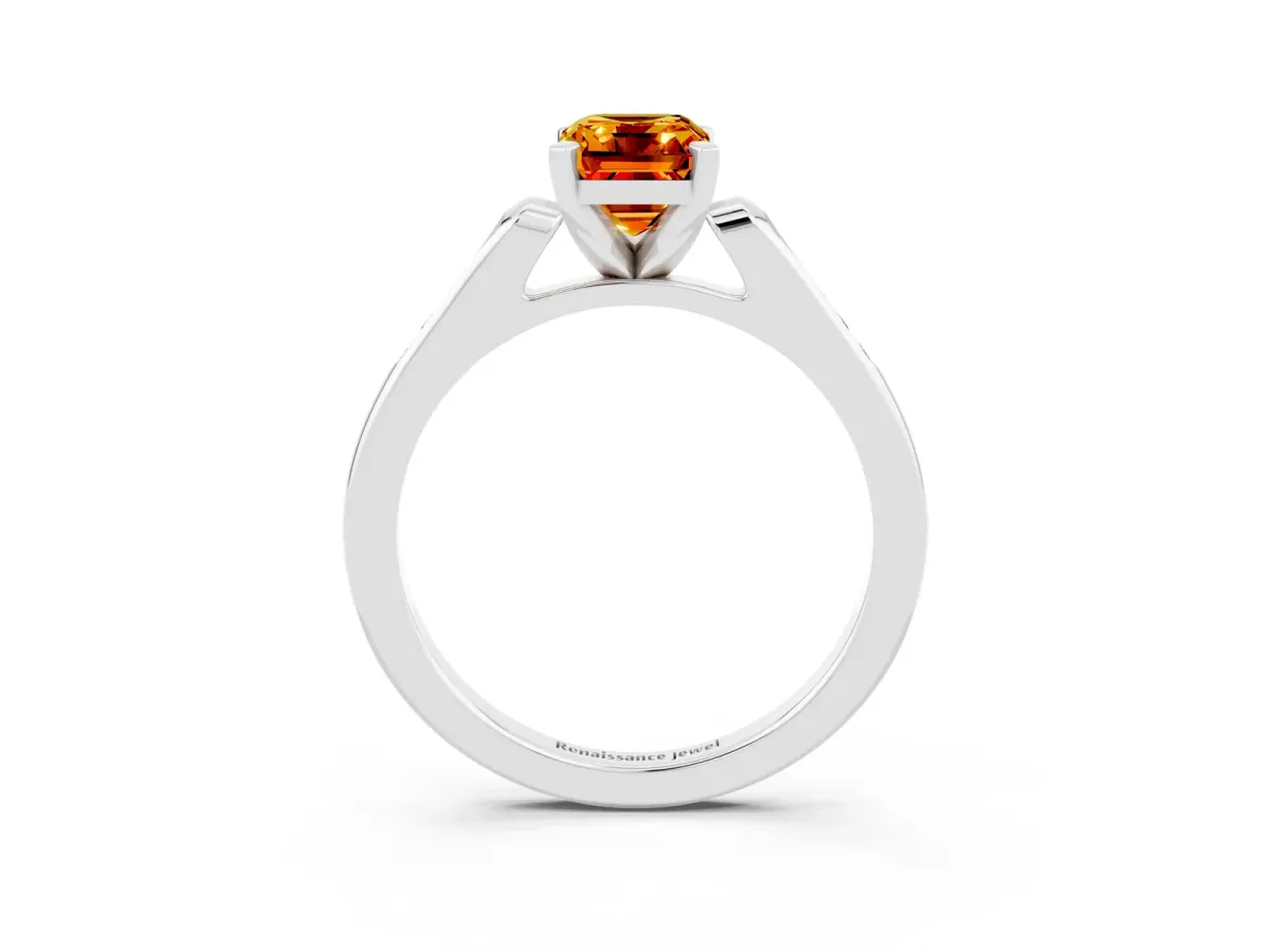 Emerald Cut Citrine Solitaire Ring with Channel Set Round Band and Prong Setting Silver
