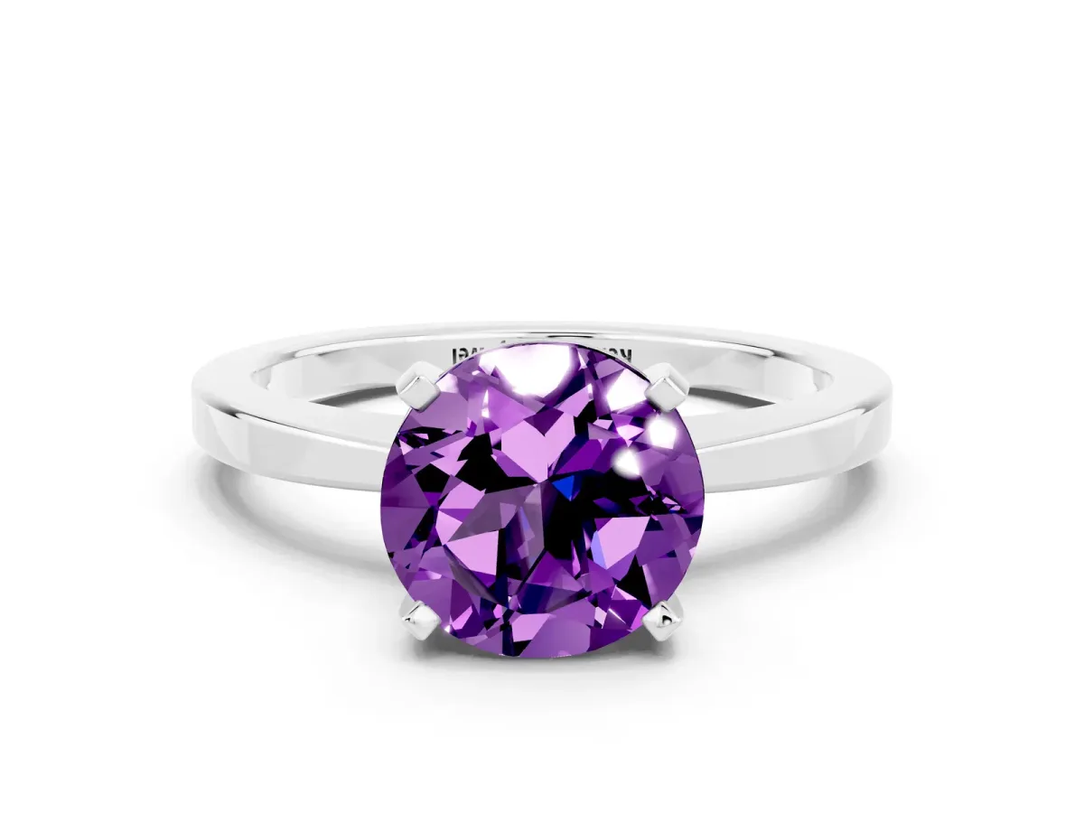 Round Cut Amethyst Solitaire Engagement Ring with Classic Band and Four-Prong Setting Silver
