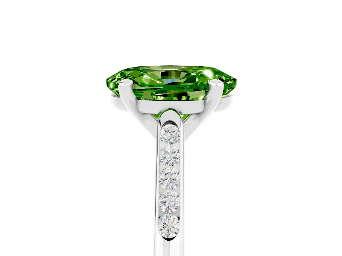 Oval Cut Peridot Solitaire Ring with Channel Set Round Band and Prong Setting Silver