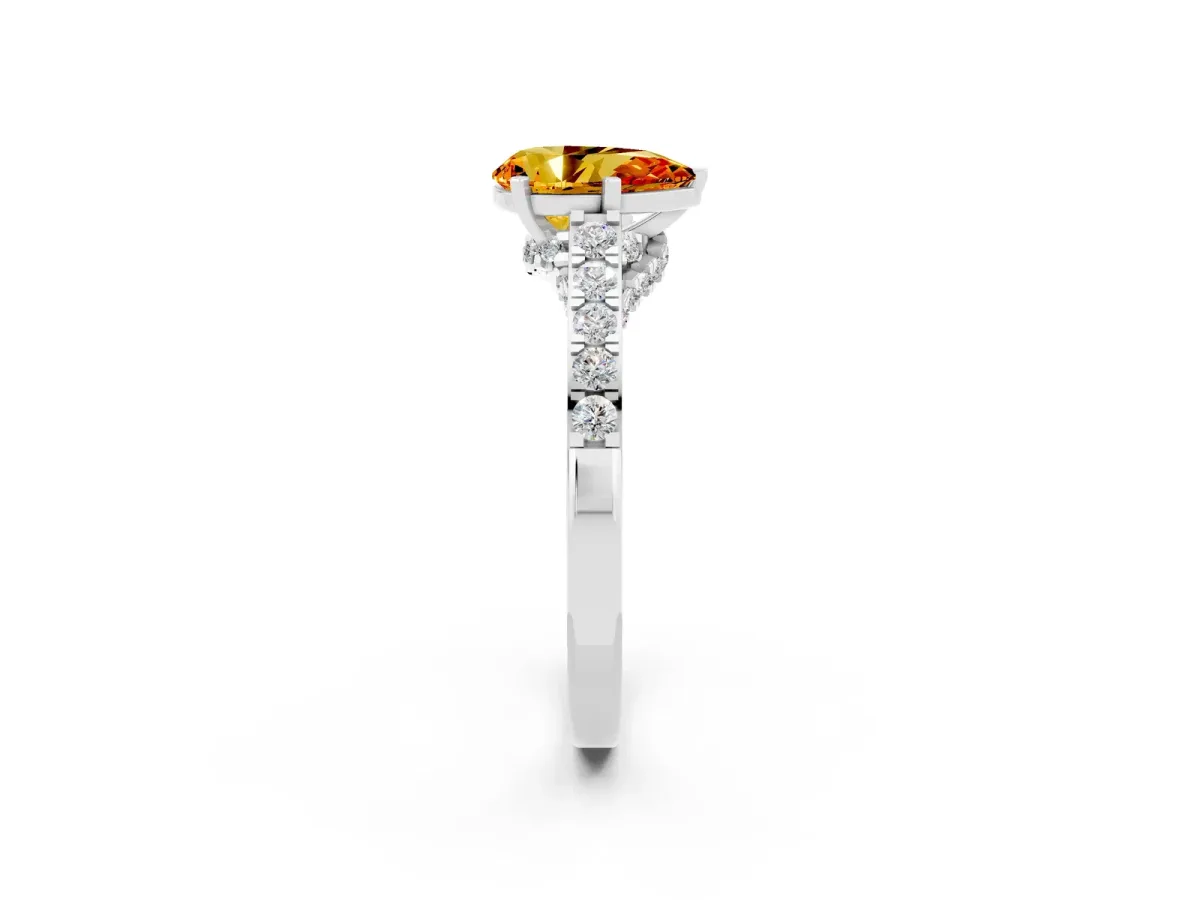 Pear Cut Citrine Solitaire Ring with Crossover Gallery and Round Pavé Band Silver