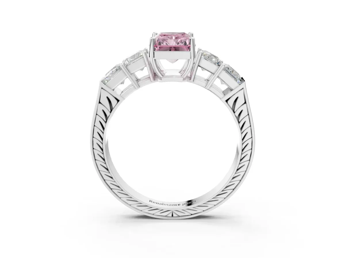 Fancy Pink Radiant Cut Solitaire Princess Side Stone Engraved Band Prong Setting Ring Platinum