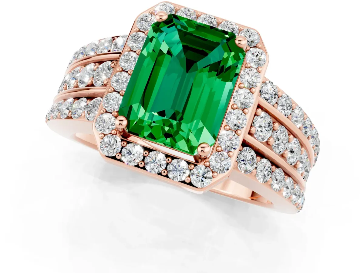 Emerald Cut Halo Emerald Ring with Round Split Shank and Prong Setting Rose gold