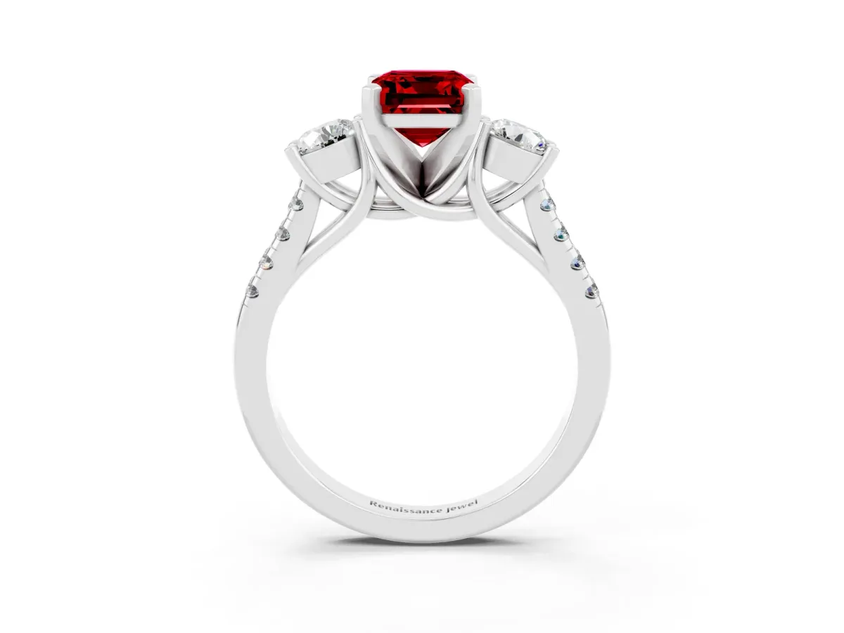 Three-Stone Emerald Cut Ruby Pavé Band with Four-Prong Setting Silver