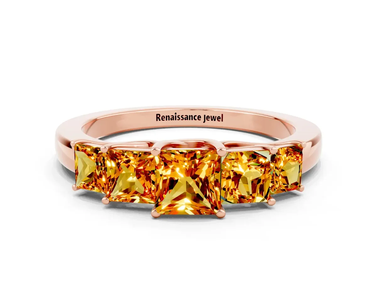 Princess Cut Five-Stone Citrine Ring with Classic Prong Setting Rose gold