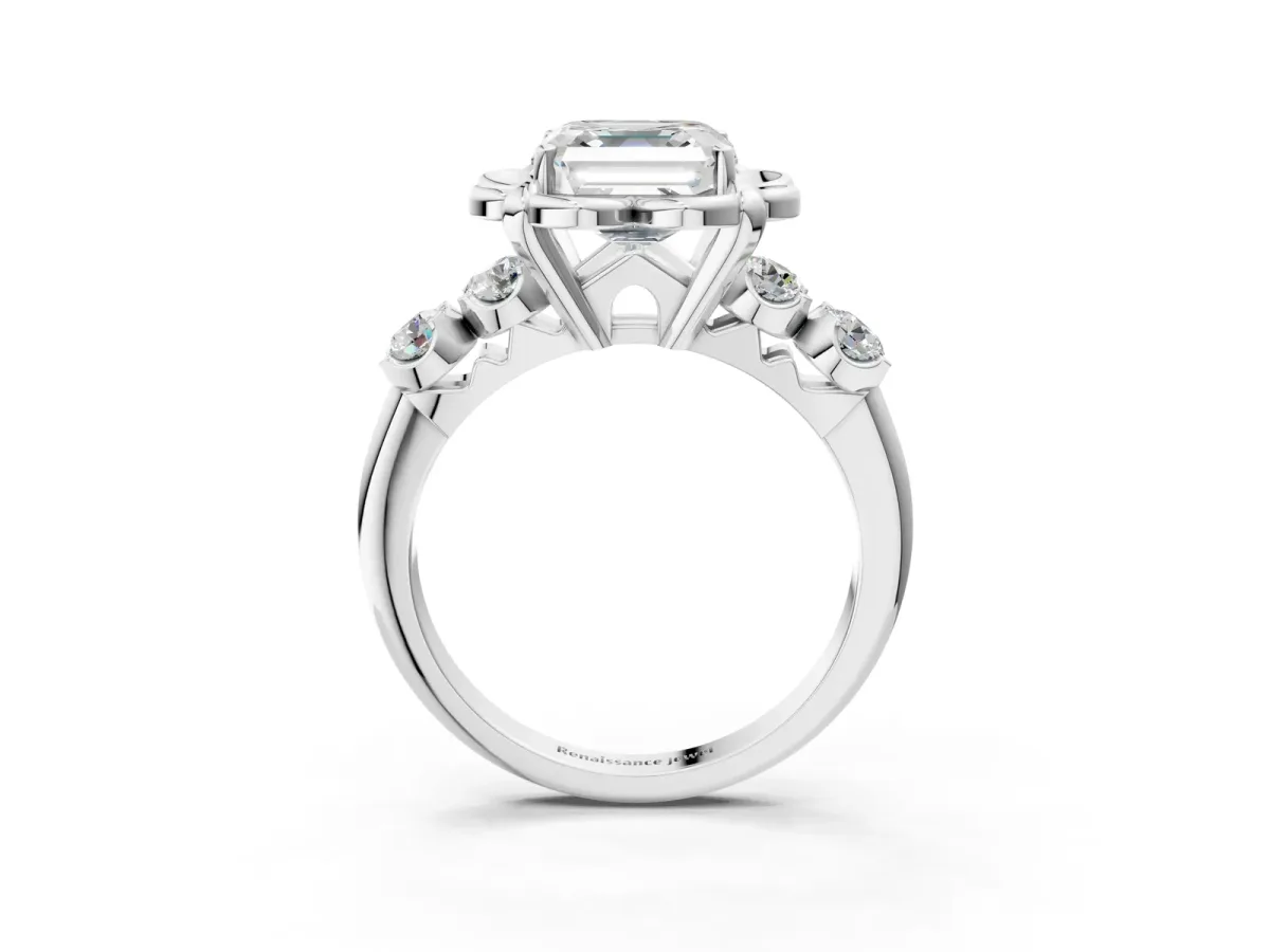 Asscher Cut Cut Diamond Floral Halo Engagement Ring with Shared Prong Setting Silver