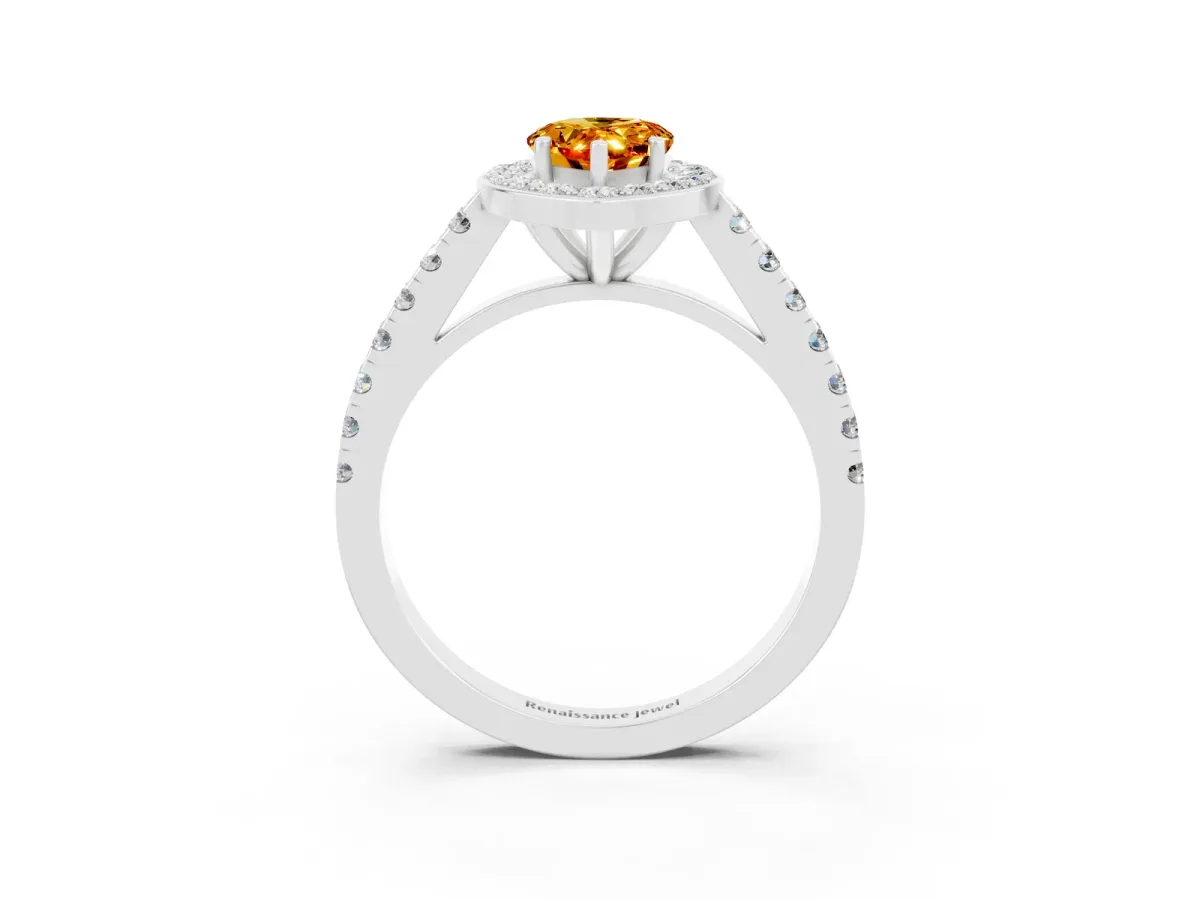 Pear Cut Citrine Halo Ring with Round Pavé Split Shank and Prong Setting Platinum