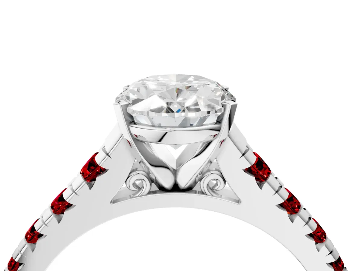 Oval Cut Diamond Cathedral Solitaire Ring with Round Ruby Pavé Band Silver