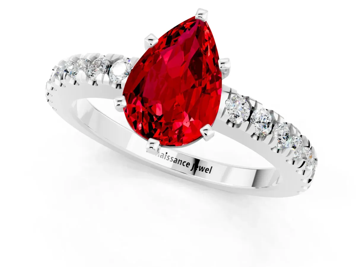 Pear Cut Solitaire Ruby with Pavé Band and Four-Prong Setting Silver