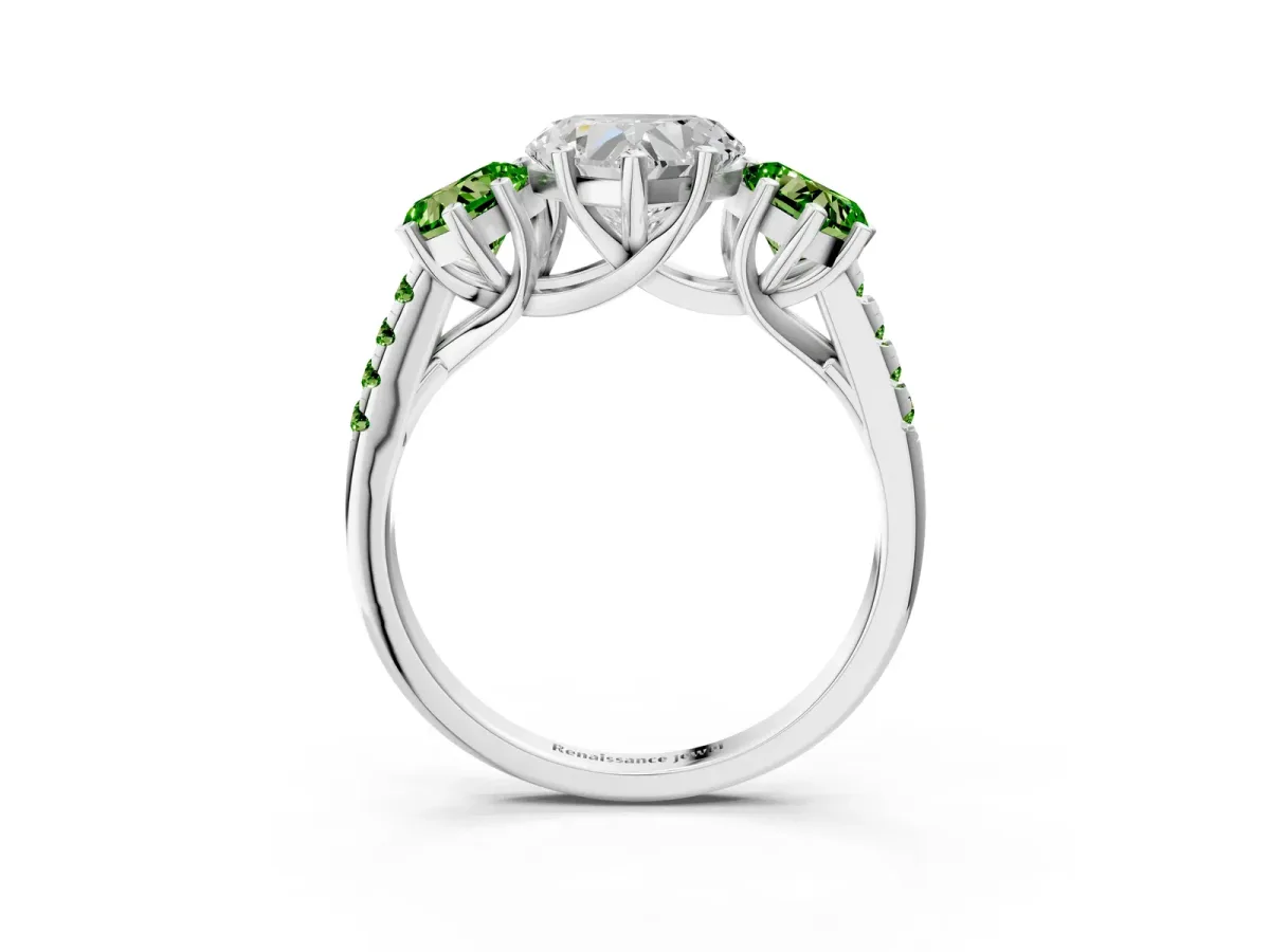 Three-Stone Heart Cut Diamond Ring with Round Peridot Pavé Band and Prong Setting Silver